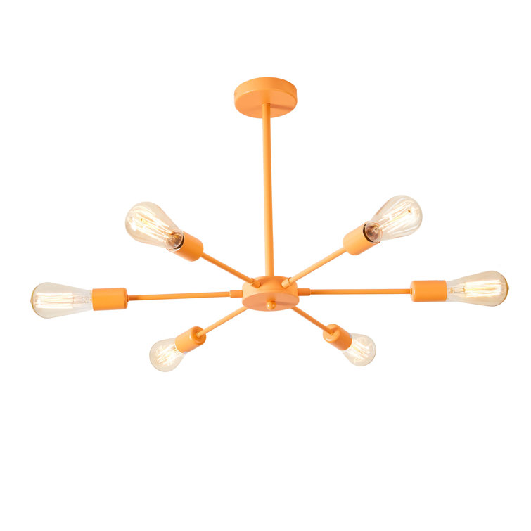Vintage Orange Painted Metal 22.8" Mid-Century Modern Spoke Chandelier