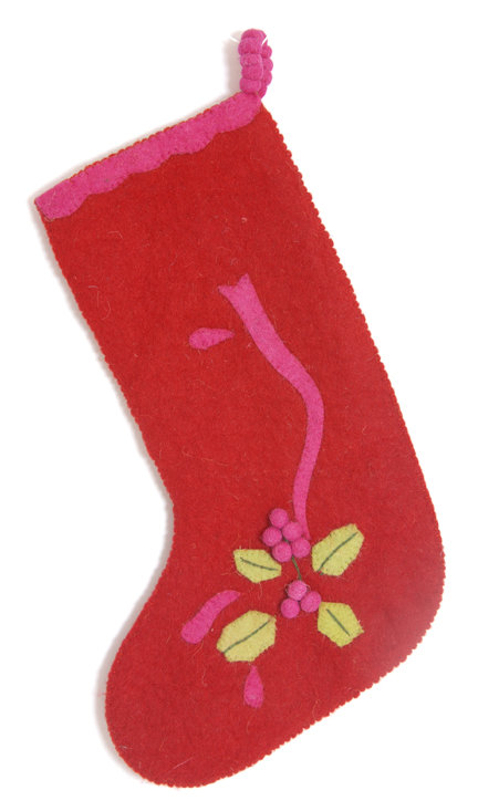 Hand Felted Red Wool Christmas Stocking with Holly Berries