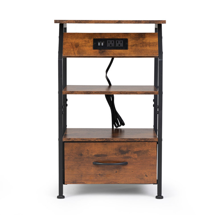 Rustic Brown Metal and Wood Nightstands with Charging Station, Set of 2