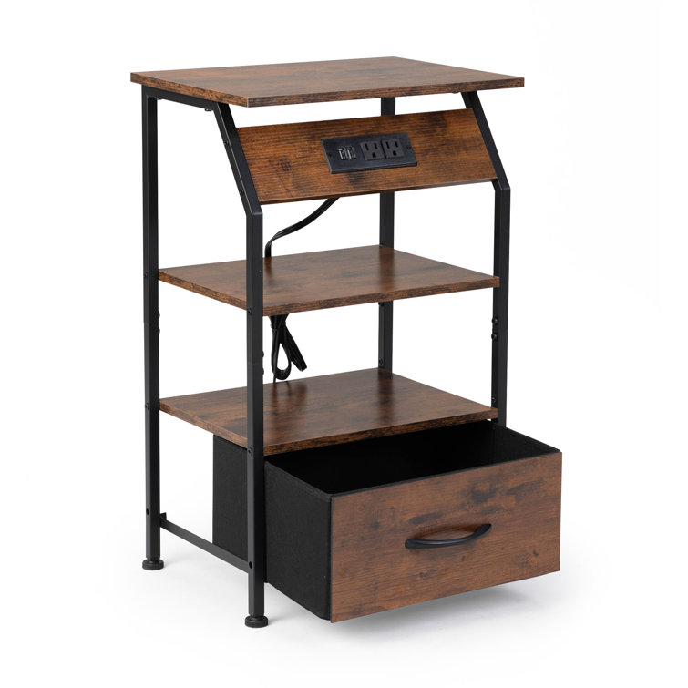 Rustic Brown Metal and Wood Nightstands with Charging Station, Set of 2