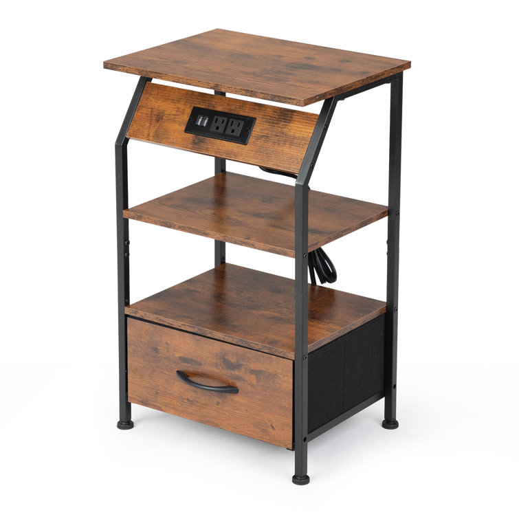 Rustic Brown Metal and Wood Nightstands with Charging Station, Set of 2