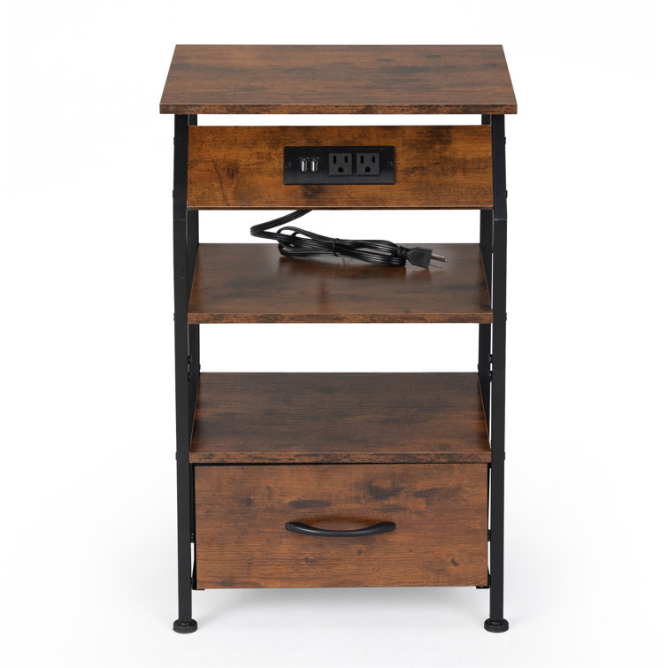 Rustic Brown Metal and Wood Nightstands with Charging Station, Set of 2