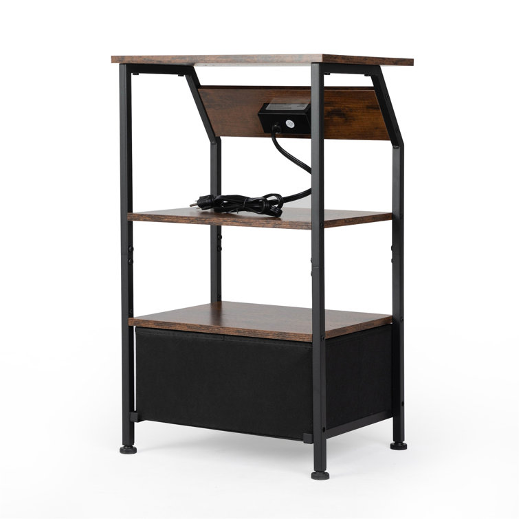 Rustic Brown Metal and Wood Nightstands with Charging Station, Set of 2