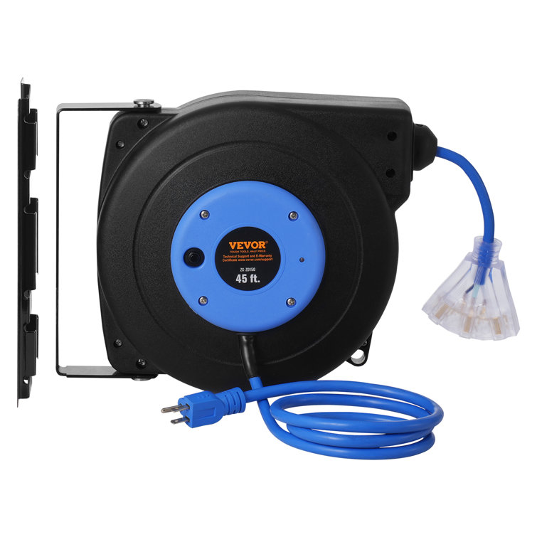Heavy Duty Blue and Black Retractable Extension Cord Reel 45FT