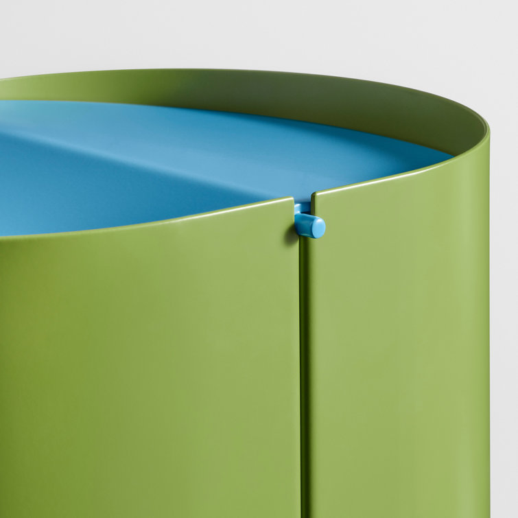 Grasshopper Green and Blue Metal Swing-Top Wastebasket
