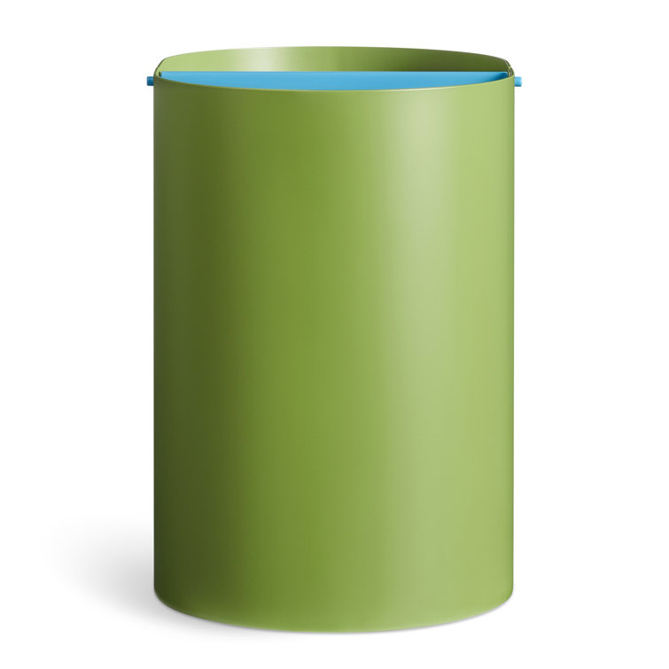 Grasshopper Green and Blue Metal Swing-Top Wastebasket