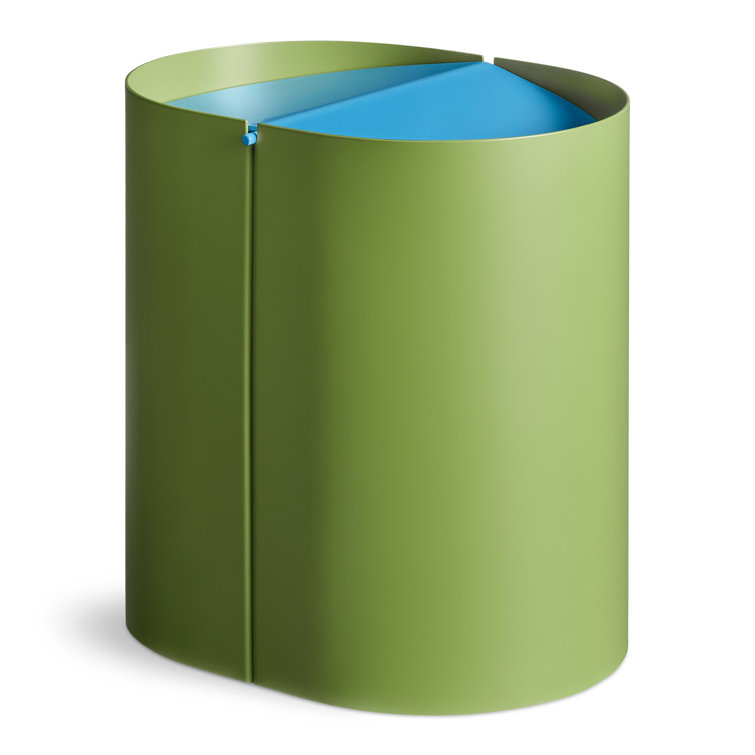 Grasshopper Green and Blue Metal Swing-Top Wastebasket