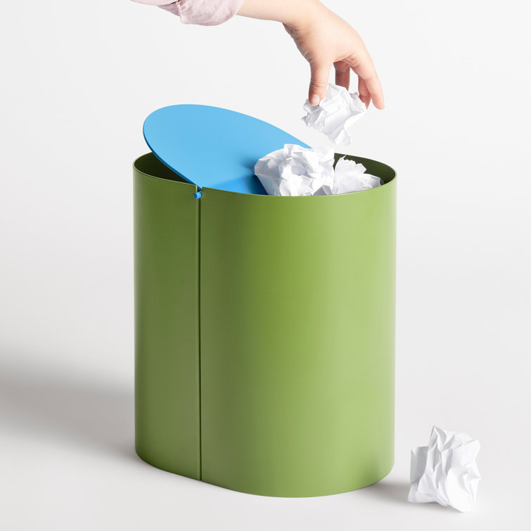 Grasshopper Green and Blue Metal Swing-Top Wastebasket