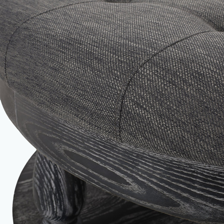 Andrue 40" Round Charcoal Gray Tufted Ottoman with Pine Wood Base