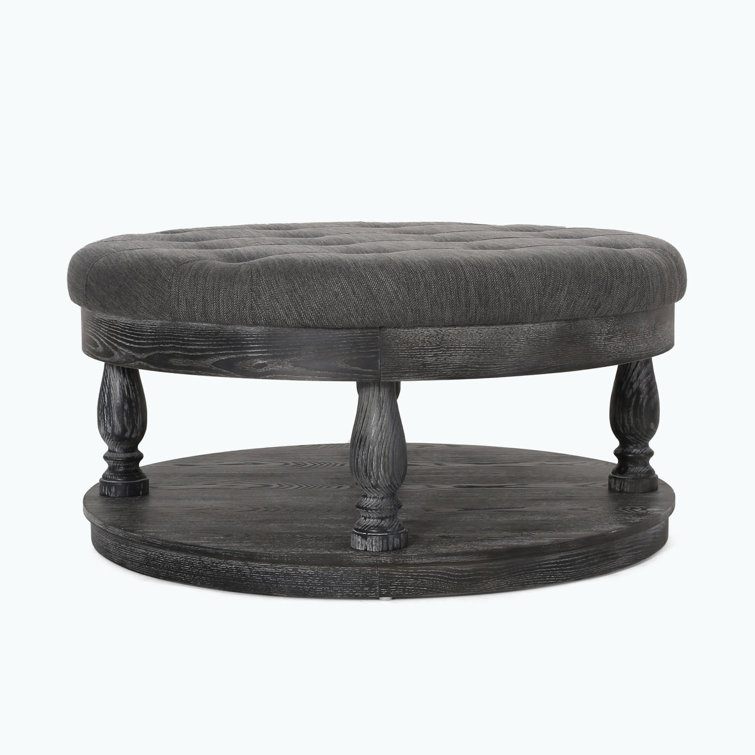 Andrue 40" Round Charcoal Gray Tufted Ottoman with Pine Wood Base