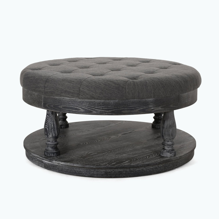 Andrue 40" Round Charcoal Gray Tufted Ottoman with Pine Wood Base
