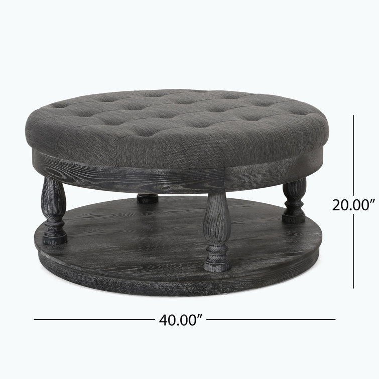 Andrue 40" Round Charcoal Gray Tufted Ottoman with Pine Wood Base