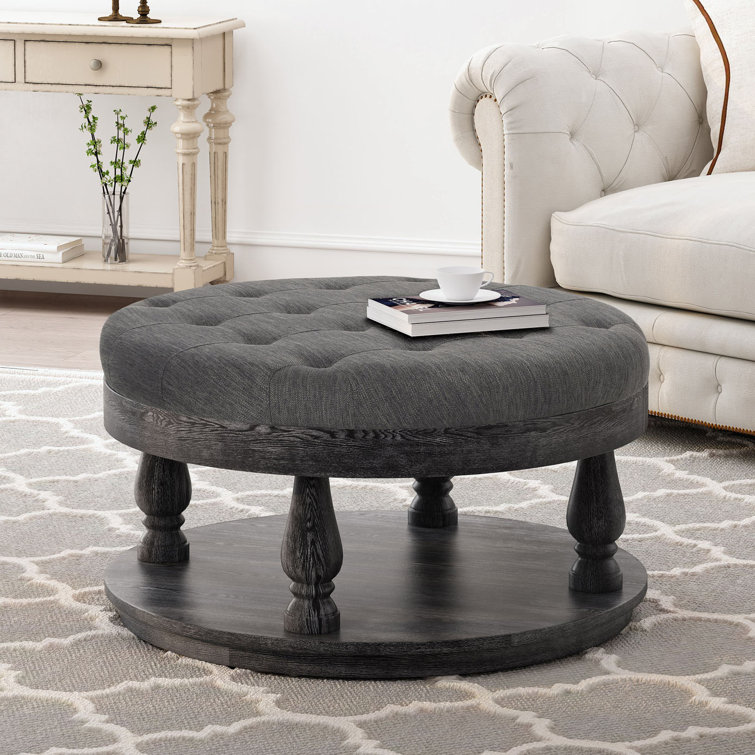 Andrue 40" Round Charcoal Gray Tufted Ottoman with Pine Wood Base