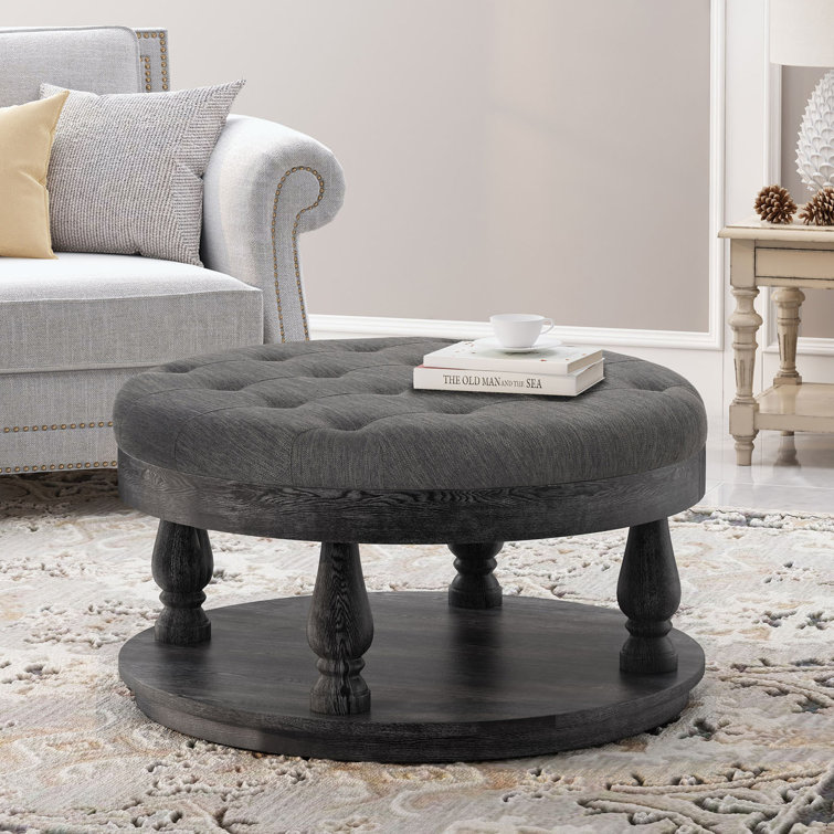 Andrue 40" Round Charcoal Gray Tufted Ottoman with Pine Wood Base