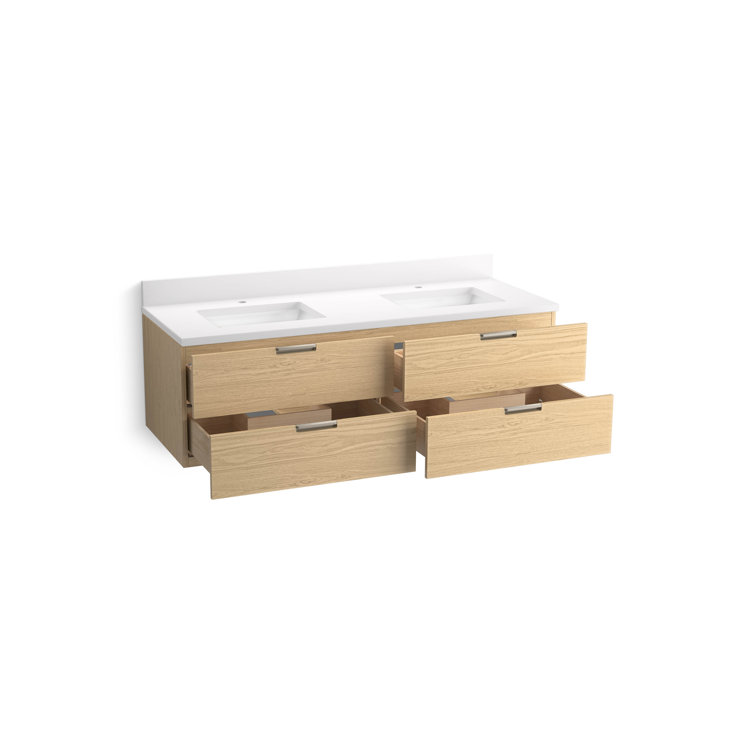 Maxstow 60" Light Oak Wall-Hung Double Vanity with Quartz Top