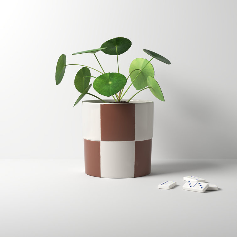 Brown and Cream Ceramic Checkerboard Round Planter
