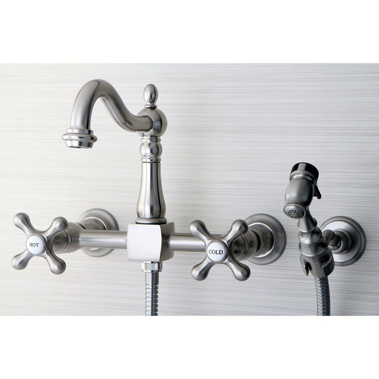 Heritage Brushed Nickel Wall Mount Kitchen Faucet with Brass Sprayer
