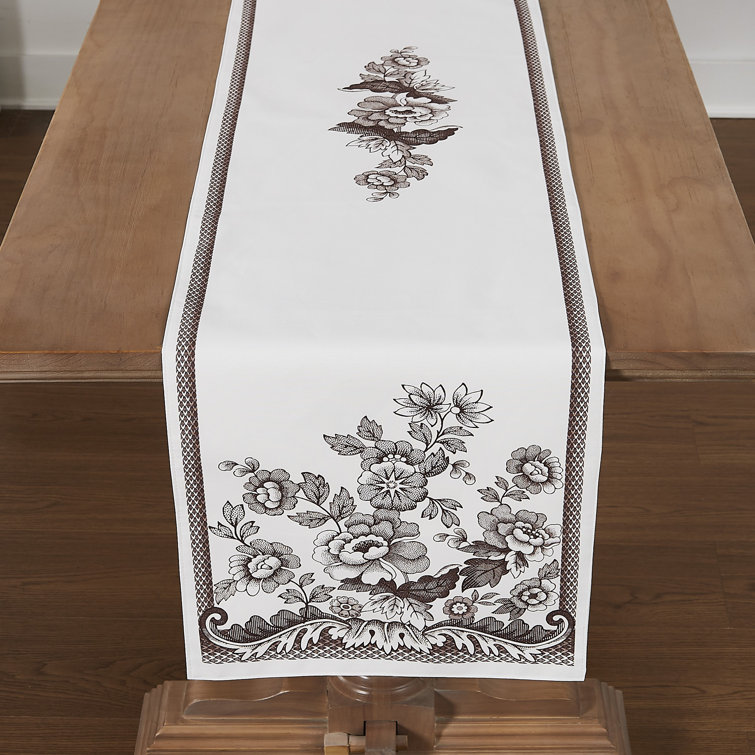 Ivory and Brown Floral Polyester 90" Table Runner