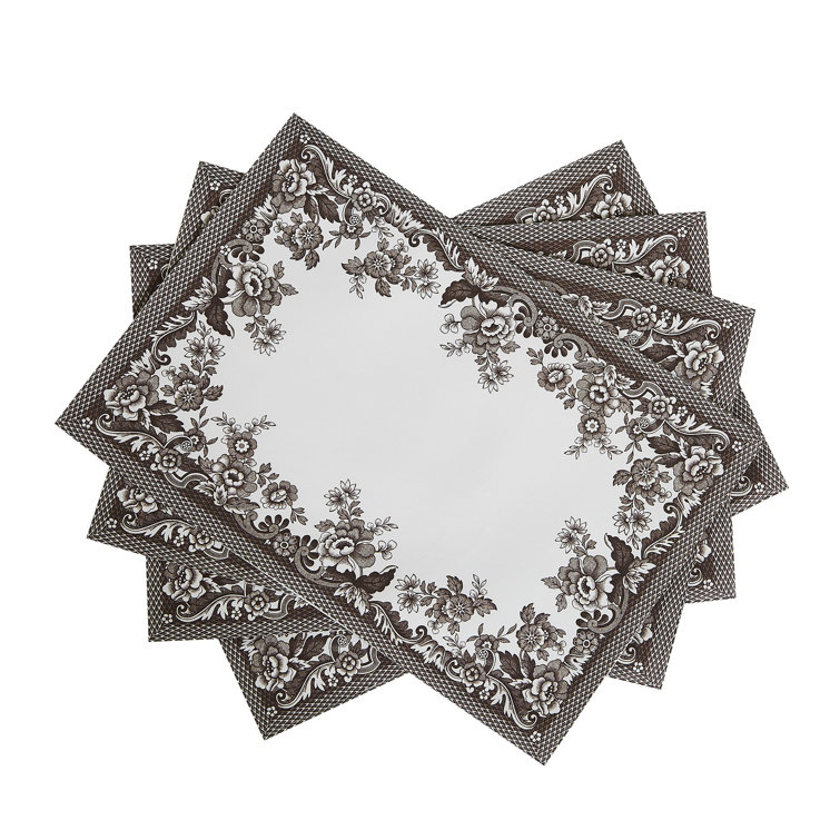 Ivory and Brown Floral Polyester Placemat Set, 13" x 19"