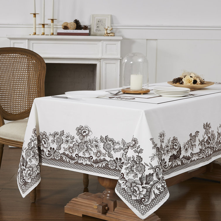 Ivory and Brown Floral Scroll 60" x 120" Polyester Tablecloth