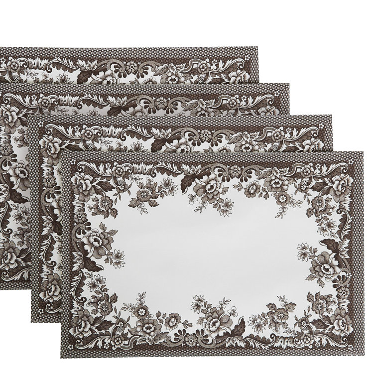 Ivory and Brown Floral Polyester Placemat Set, 13" x 19"
