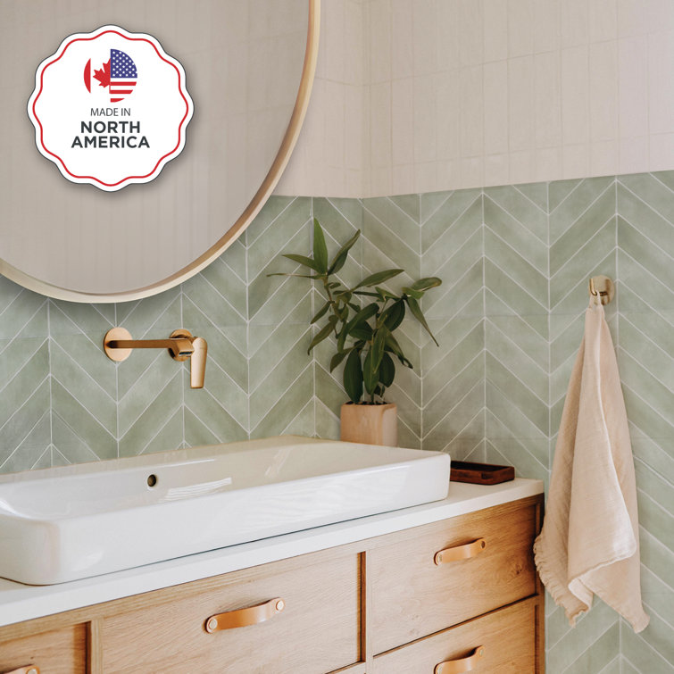 Chevron Solna Green Glossy Peel and Stick Backsplash Tile Set