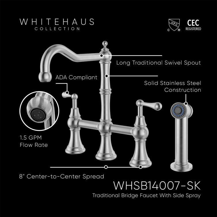 Traditional Swivel Stainless Steel Bridge Kitchen Faucet with Side Spray