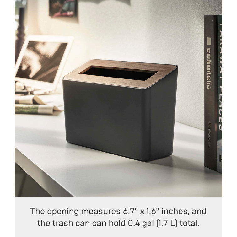 Compact Walnut and Black Plastic Tabletop Trash Can with Lid