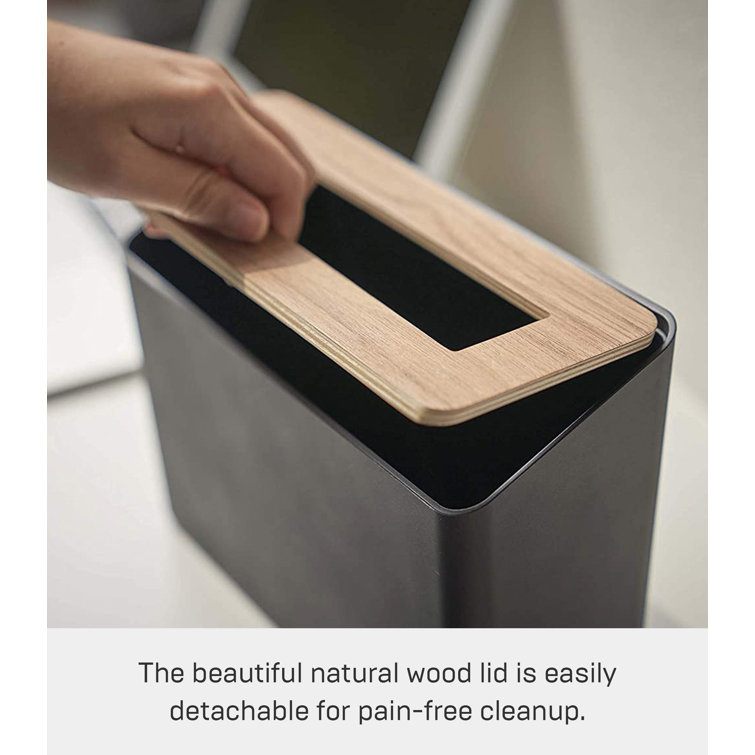 Compact Walnut and Black Plastic Tabletop Trash Can with Lid
