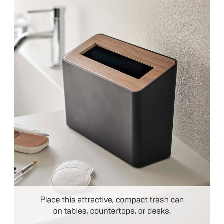 Compact Walnut and Black Plastic Tabletop Trash Can with Lid