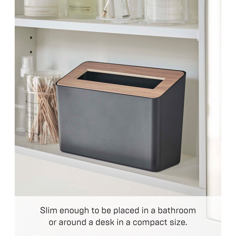 Compact Walnut and Black Plastic Tabletop Trash Can with Lid