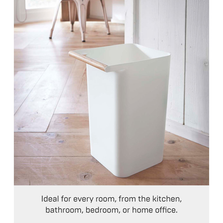 White Slim Plastic Trash Can with Wooden Handle, 2.5 Gallons