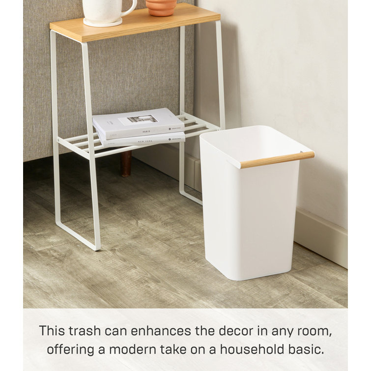White Slim Plastic Trash Can with Wooden Handle, 2.5 Gallons