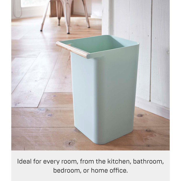 Slim Blue Plastic Trash Can with Wooden Handle, 2.5 Gallons