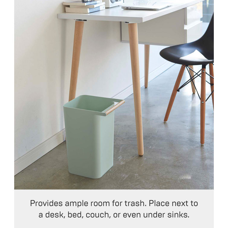 Slim Blue Plastic Trash Can with Wooden Handle, 2.5 Gallons