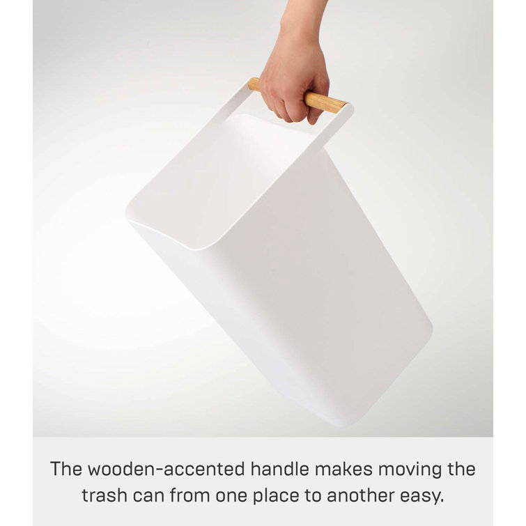 White Slim Plastic Trash Can with Wooden Handle, 2.5 Gallons