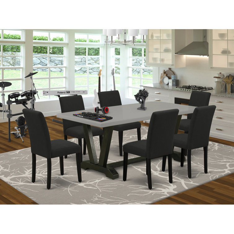 Distressed Jacobean 72" Rectangular Wood Dining Set with 6 Black Chairs