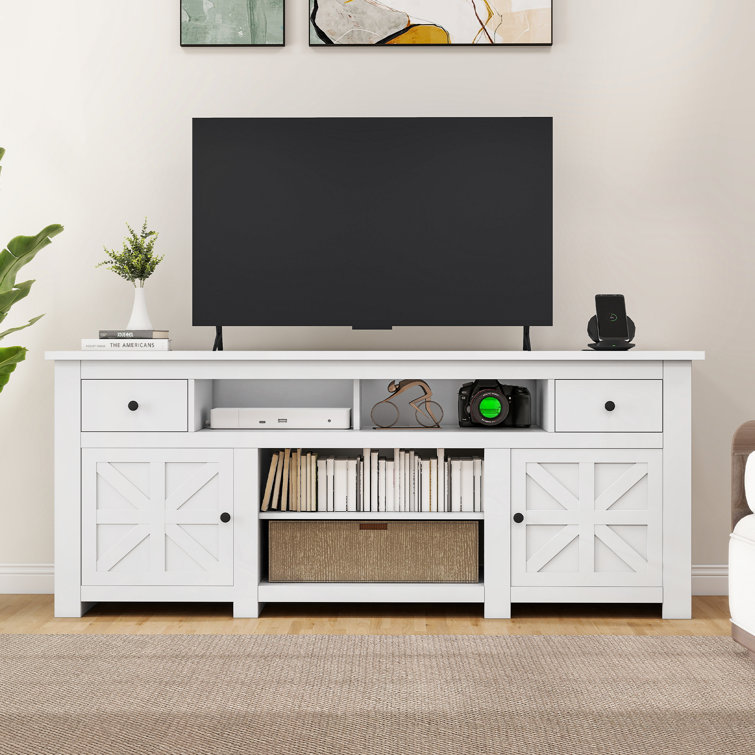 White Farmhouse TV Stand with Built-in Power Socket for 80'' Screens