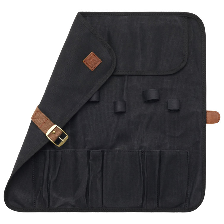 Black Canvas Chef's Tool Storage Wrap with Leather Strap