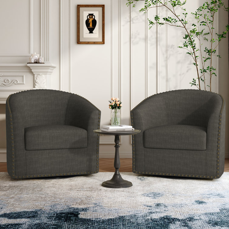 Gray Polyester Blend Swivel Barrel Chair Set with Nailhead Trim