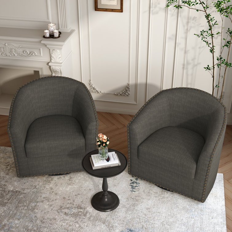 Gray Polyester Blend Swivel Barrel Chair Set with Nailhead Trim