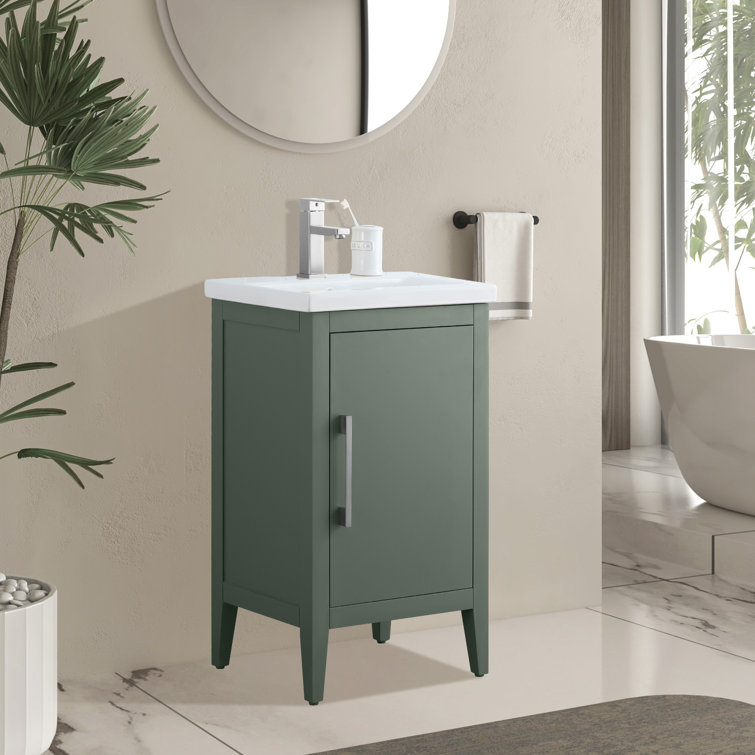 Vintage Green Poplar Wood Single Bathroom Vanity with Ceramic Top