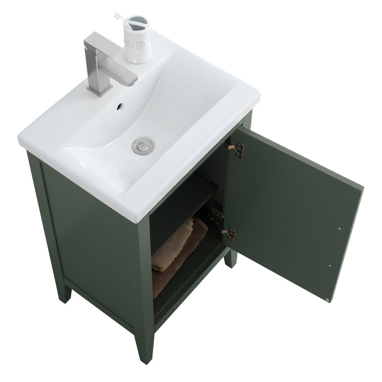 Vintage Green Poplar Wood Single Bathroom Vanity with Ceramic Top