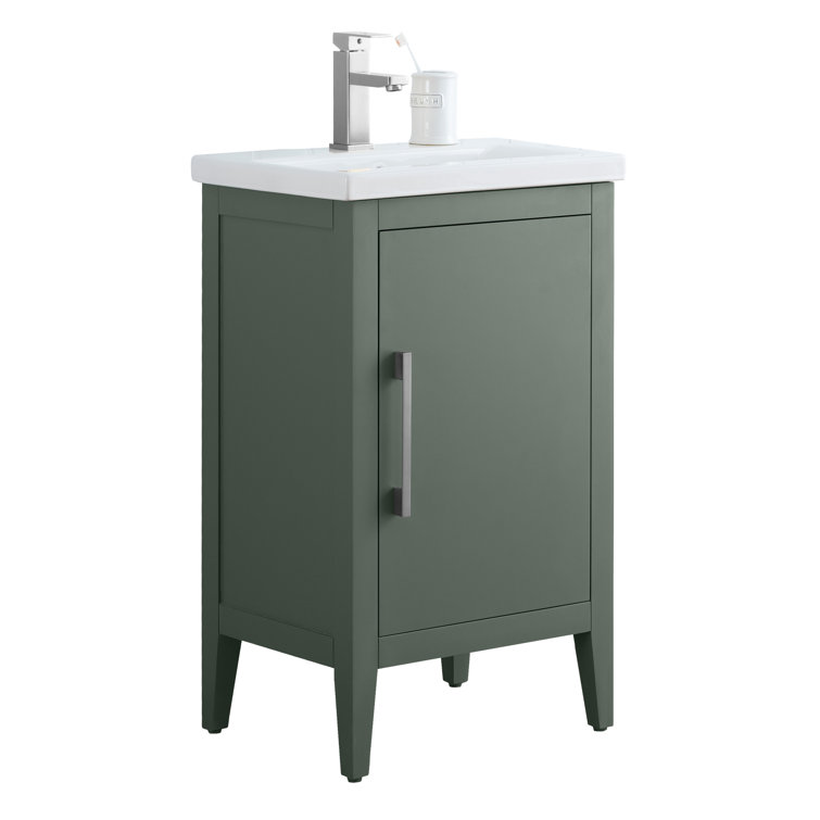 Vintage Green Poplar Wood Single Bathroom Vanity with Ceramic Top