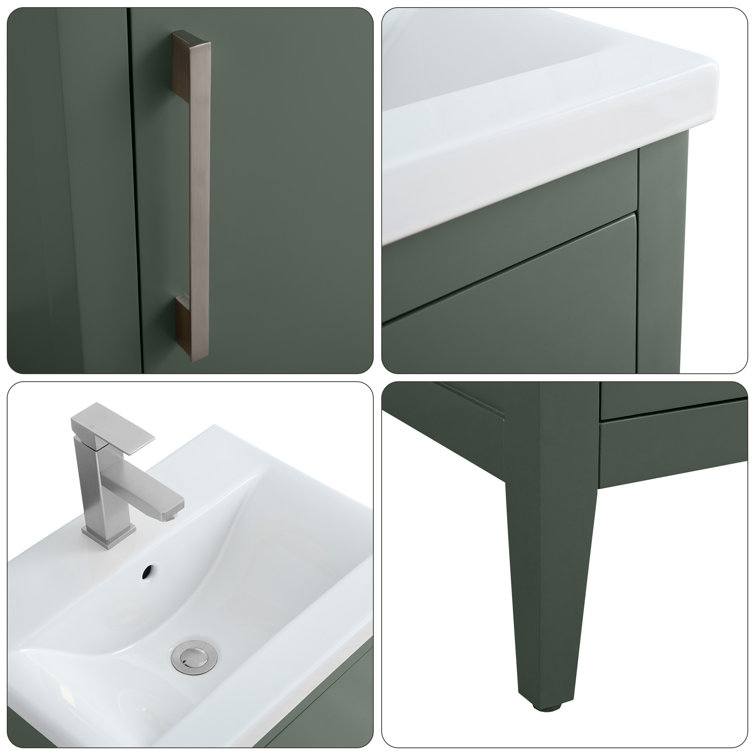 Vintage Green Poplar Wood Single Bathroom Vanity with Ceramic Top