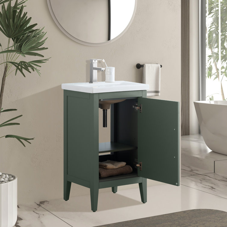 Vintage Green Poplar Wood Single Bathroom Vanity with Ceramic Top