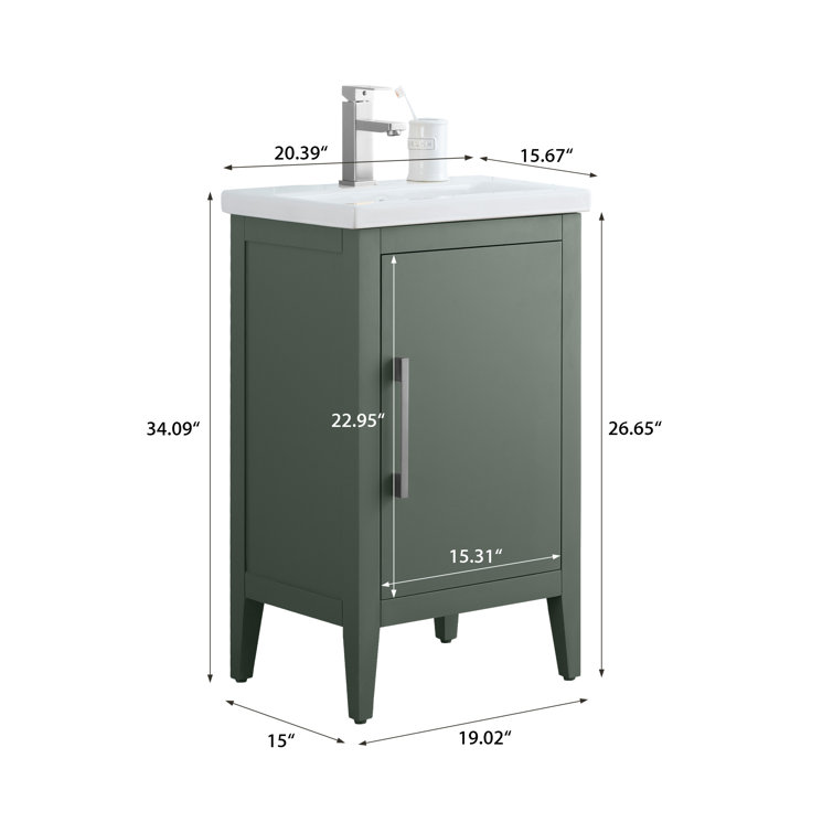 Vintage Green Poplar Wood Single Bathroom Vanity with Ceramic Top