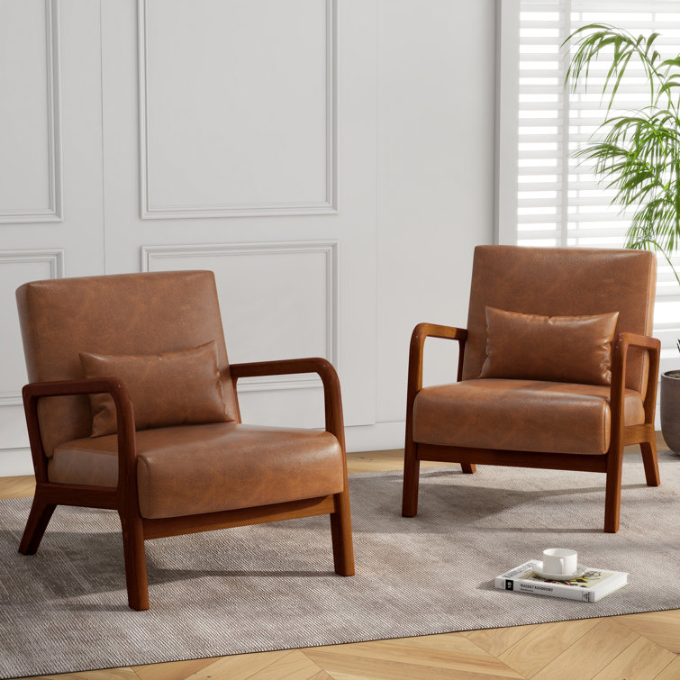 Light Brown Faux Leather and Wood Accent Chair Set