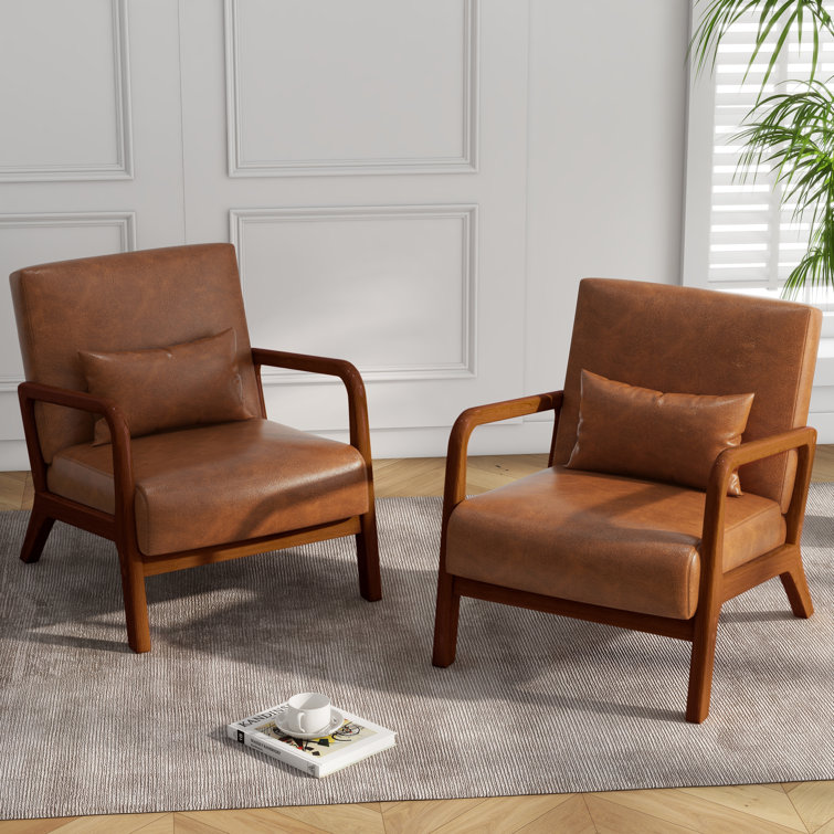 Light Brown Faux Leather and Wood Accent Chair Set