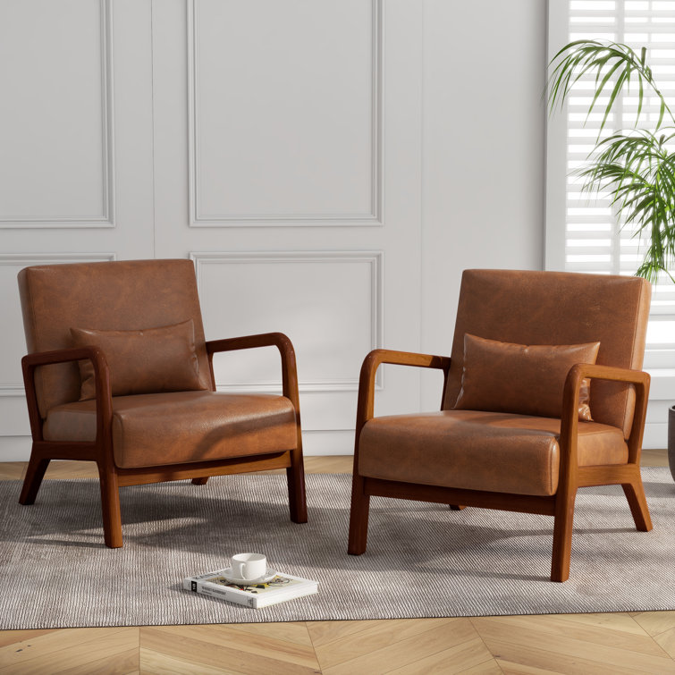 Light Brown Faux Leather and Wood Accent Chair Set